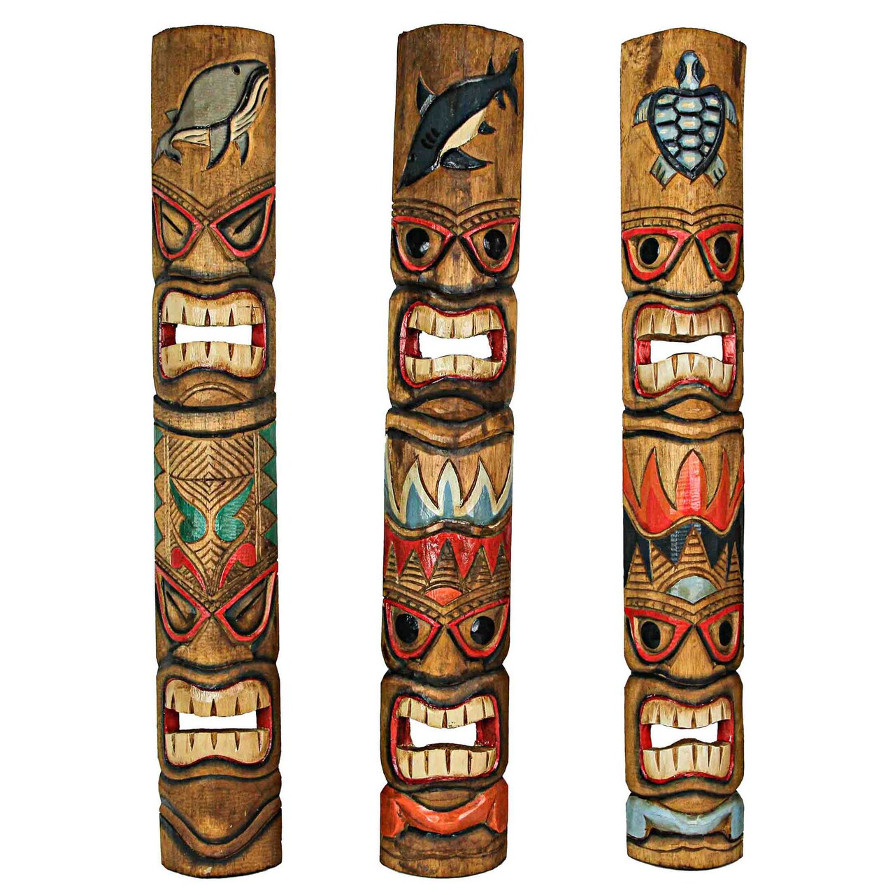 Set of 3 Tiki Mask Ocean Animal Totem Hand Carved Wall Decor Sculpture 40 Inch